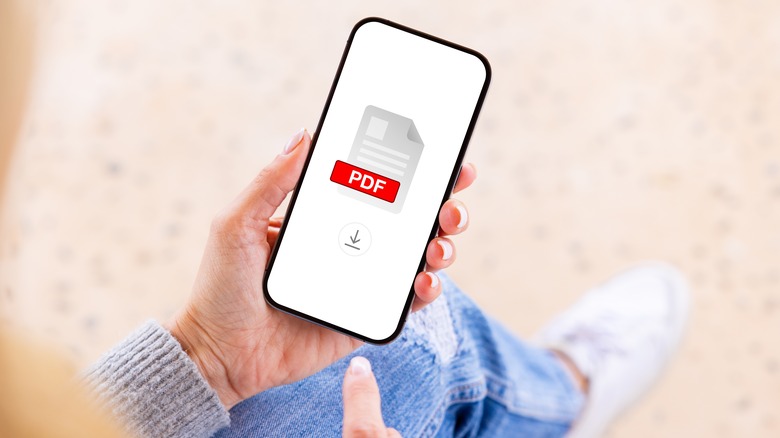 person holding iPhone with PDF icon on screen